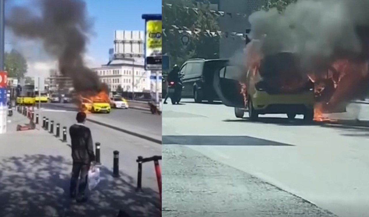 Ticari taksi seyir haldeyken tamamen yandı 