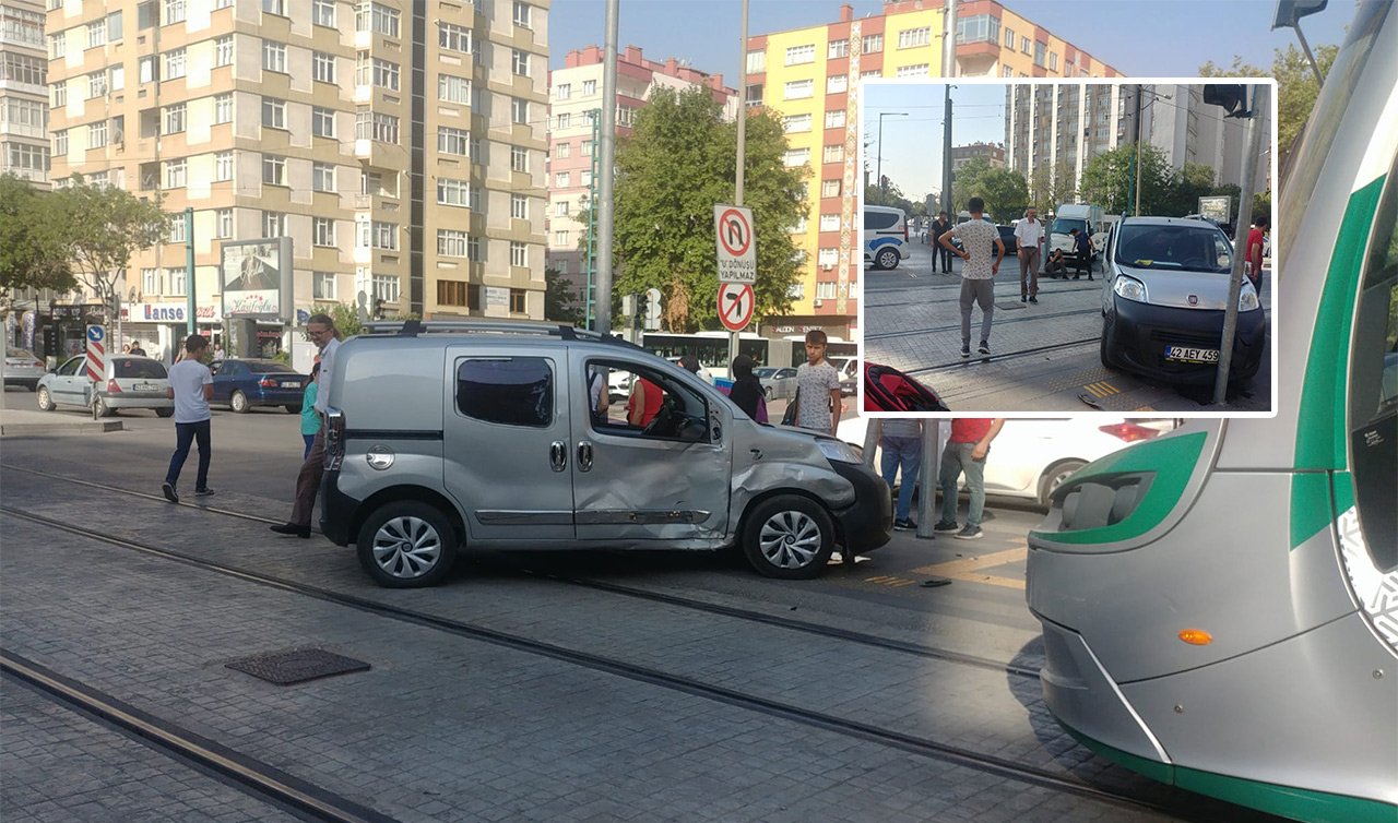 Konya’da kaza! Tramvay yoluna otomobil girdi!  Seferler durdu