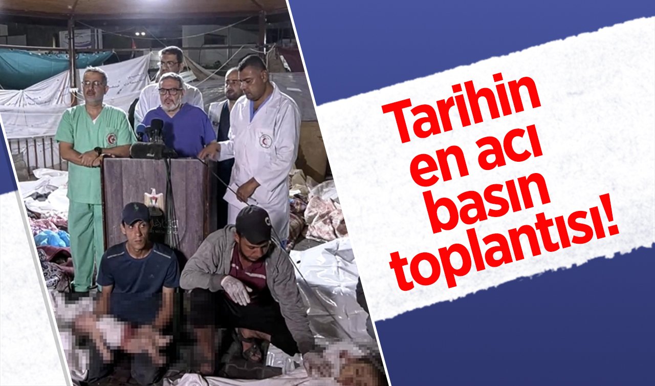 Gazze’de İsrail’in hastane saldırısının ardından cenazelerin arasında basın toplantısı düzenlendi