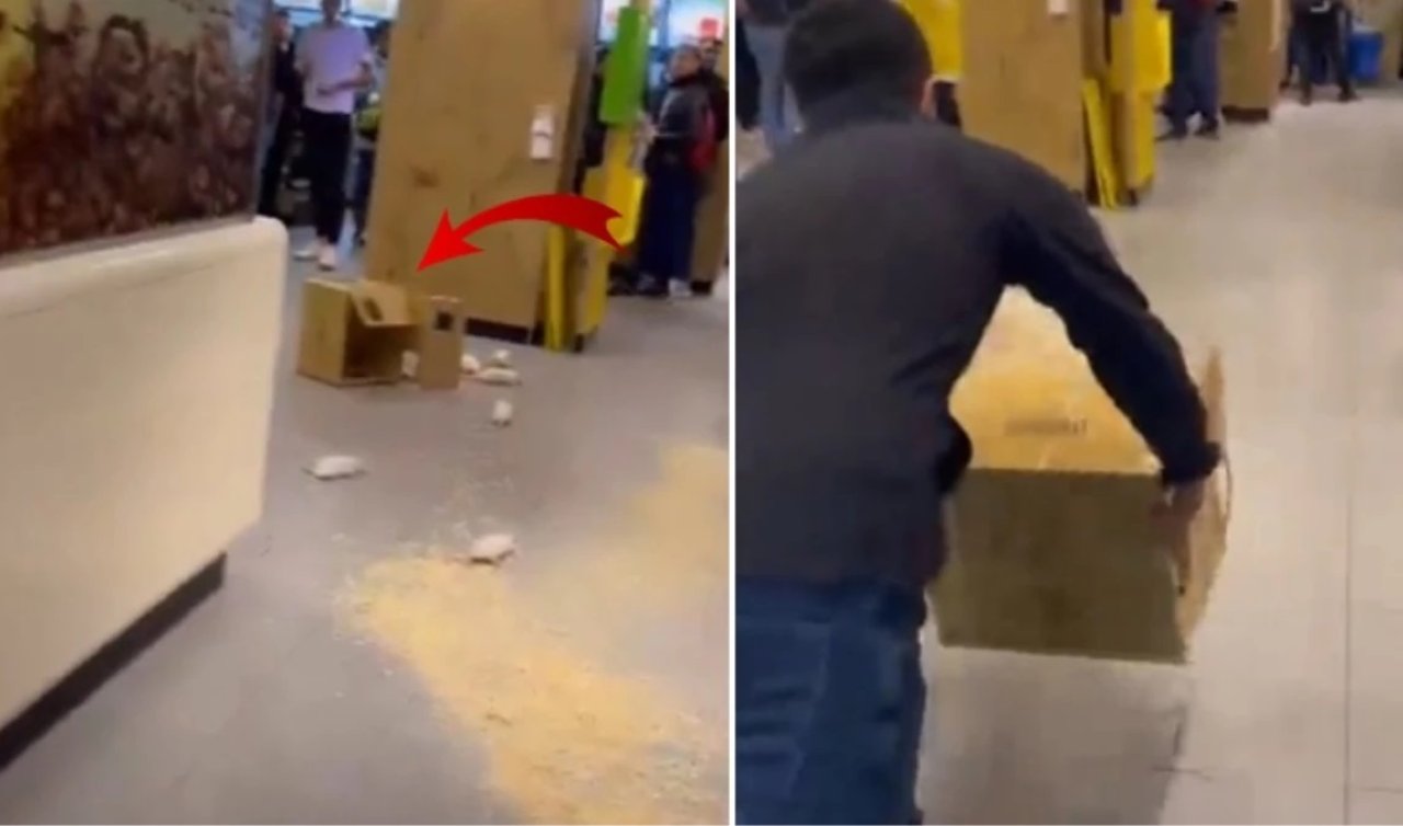 İsrail’i protesto için soluğu fast food zincirinde aldı! Bir kutu fareyi yemek bekleyenlerin önüne fırlattı