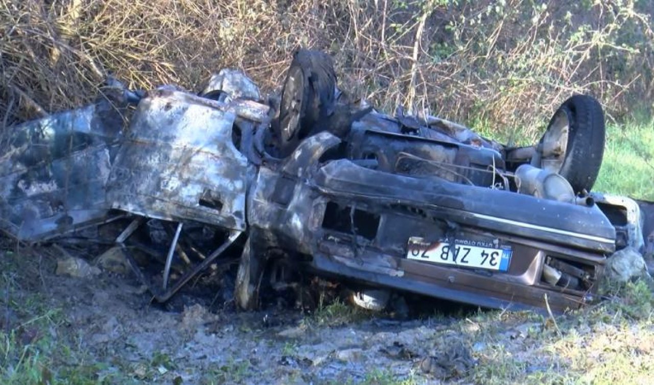 Şarampole yuvarlanan otomobil devrilerek yandı! 2 Ölü 
