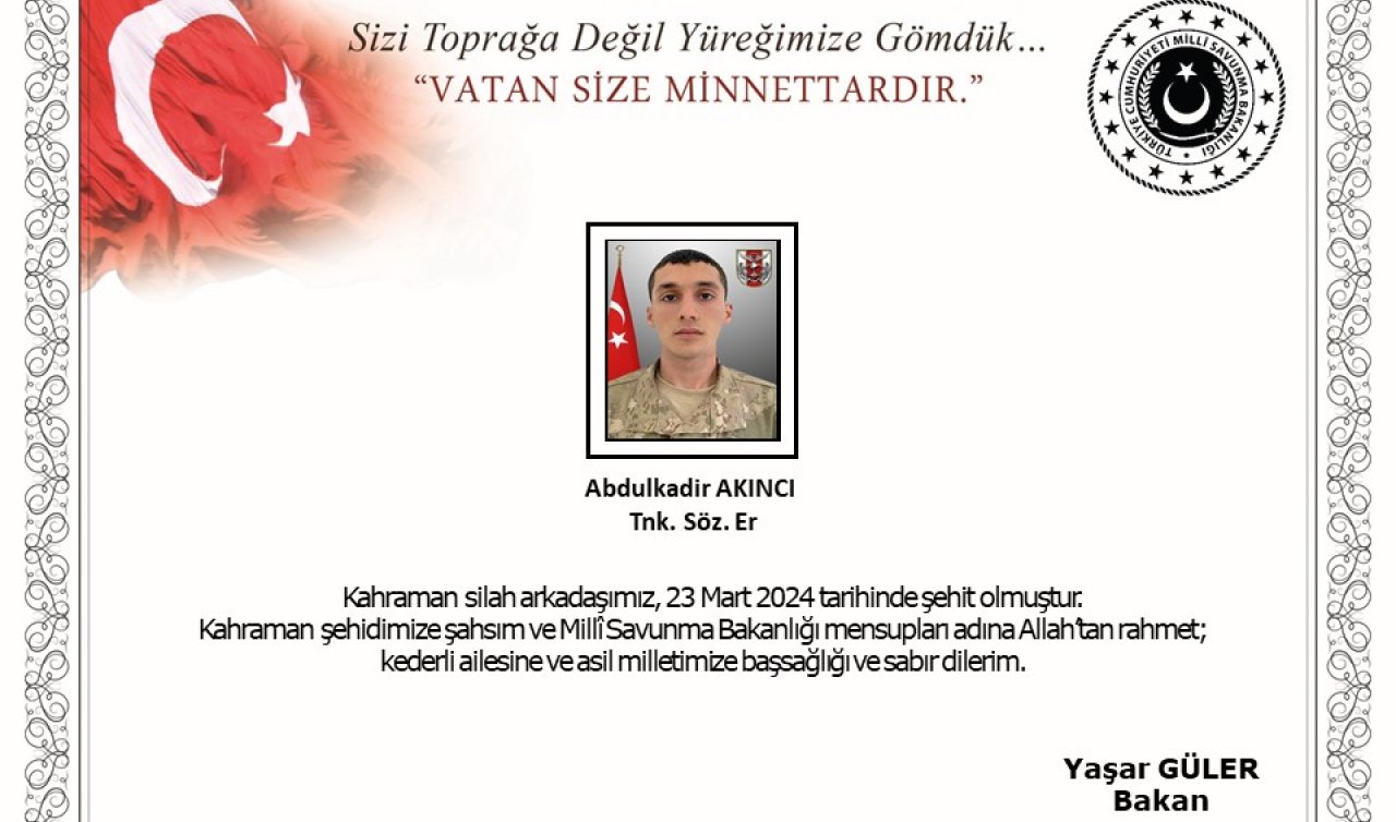  MSB duyurdu! 1 askerimiz şehit oldu