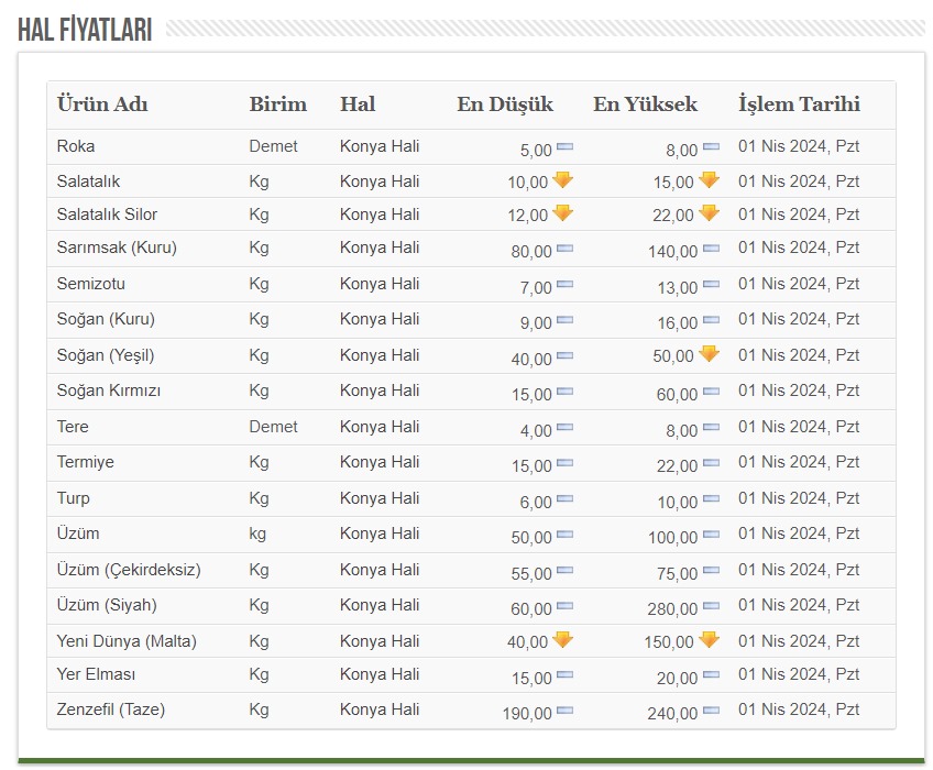 KONYA GÜNCEL HAL FİYATLARI