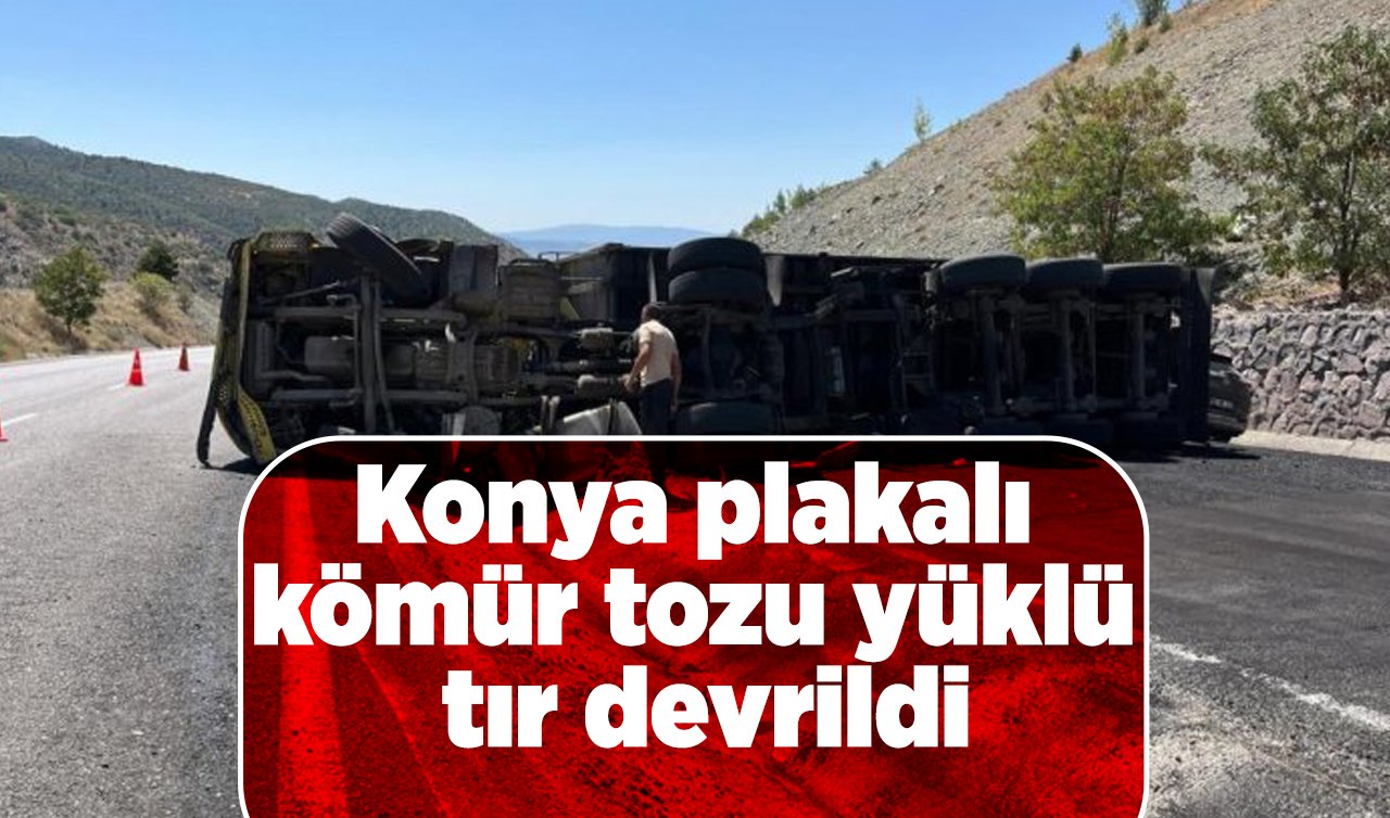 Konya plakalı kömür tozu yüklü tır devrildi