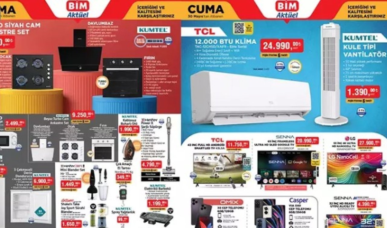 30 MAYIS CUMA BİM AKTÜEL İNDİRİMLERİ | BİM 27-30 Mayıs aktüel kataloğunda bu hafta hangi ürünler satışa çıkacak? Klima, Kule Tipi Vantilatör, Cep Telefonu, TV, Çelik Kasa, Sinek Kovucu...