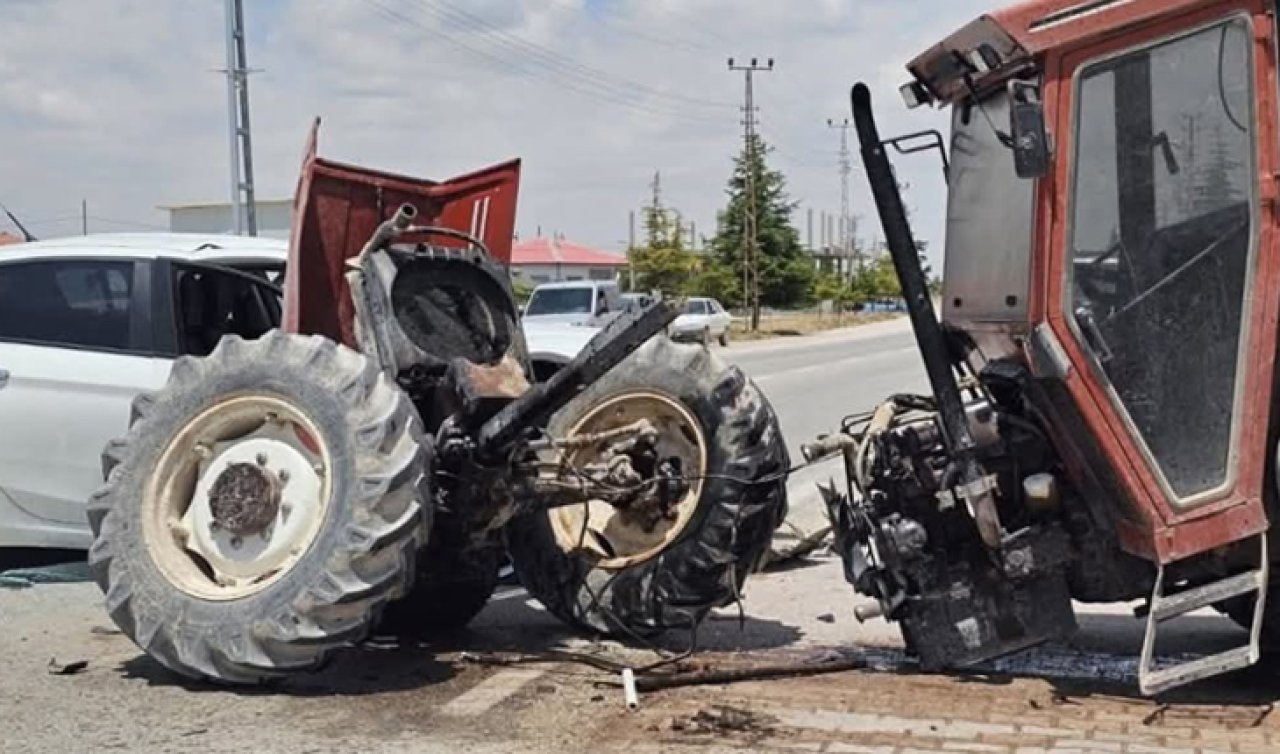 Konya’da otomobille çarpışan traktör ikiye bölündü