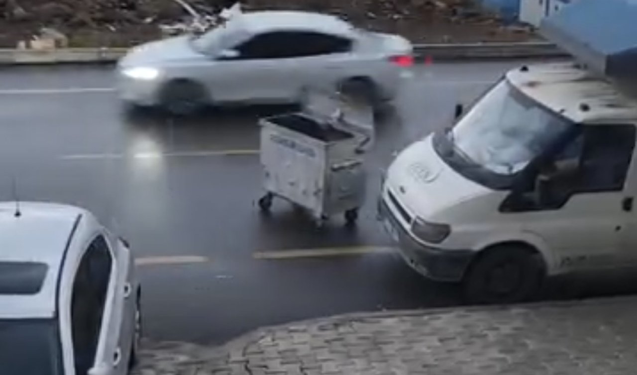 Rüzgarın şiddetiyle sürüklenen çöp konteyneri trafikte tehlike yarattı