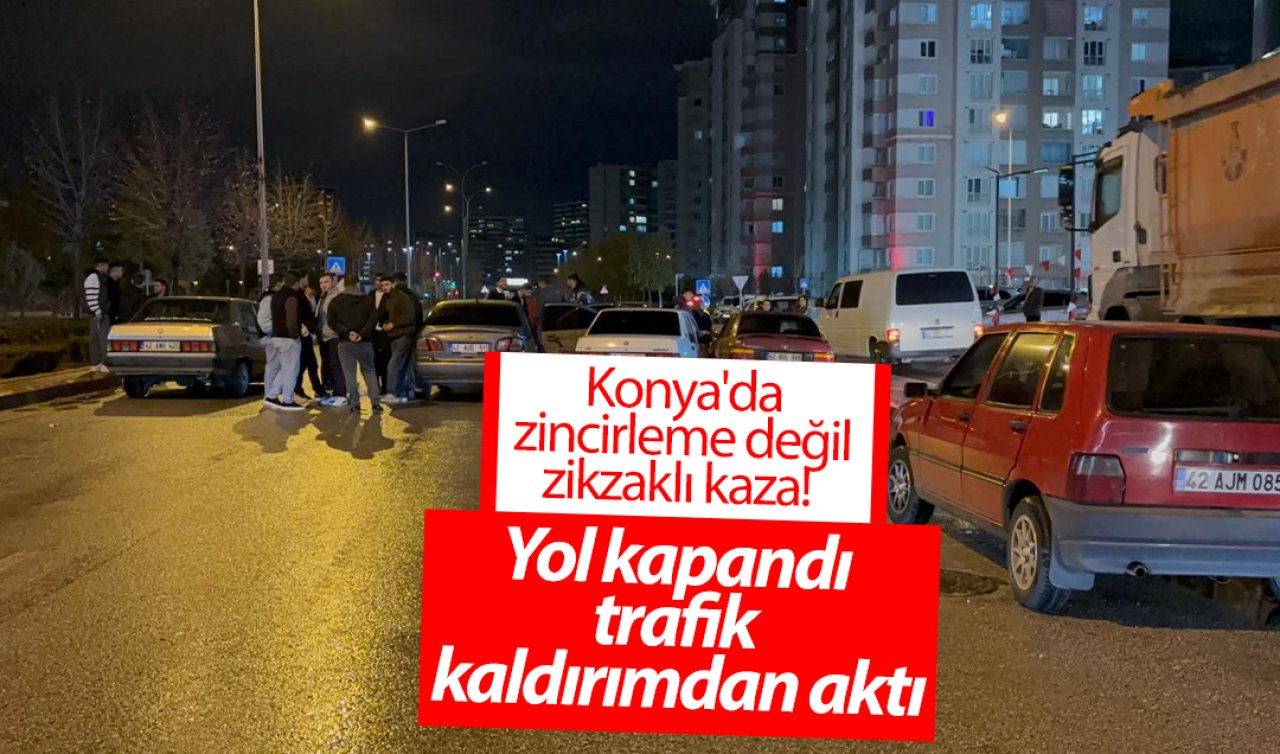 Konya’da zincirleme değil zikzaklı kaza! Yol kapandı trafik kaldırımdan aktı