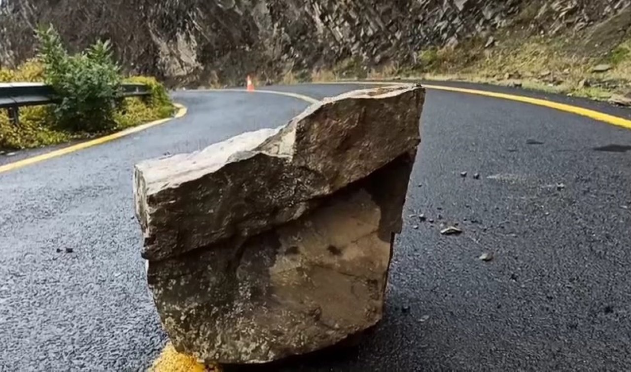 Yağış sonrası kaya parçaları yola yuvarlandı