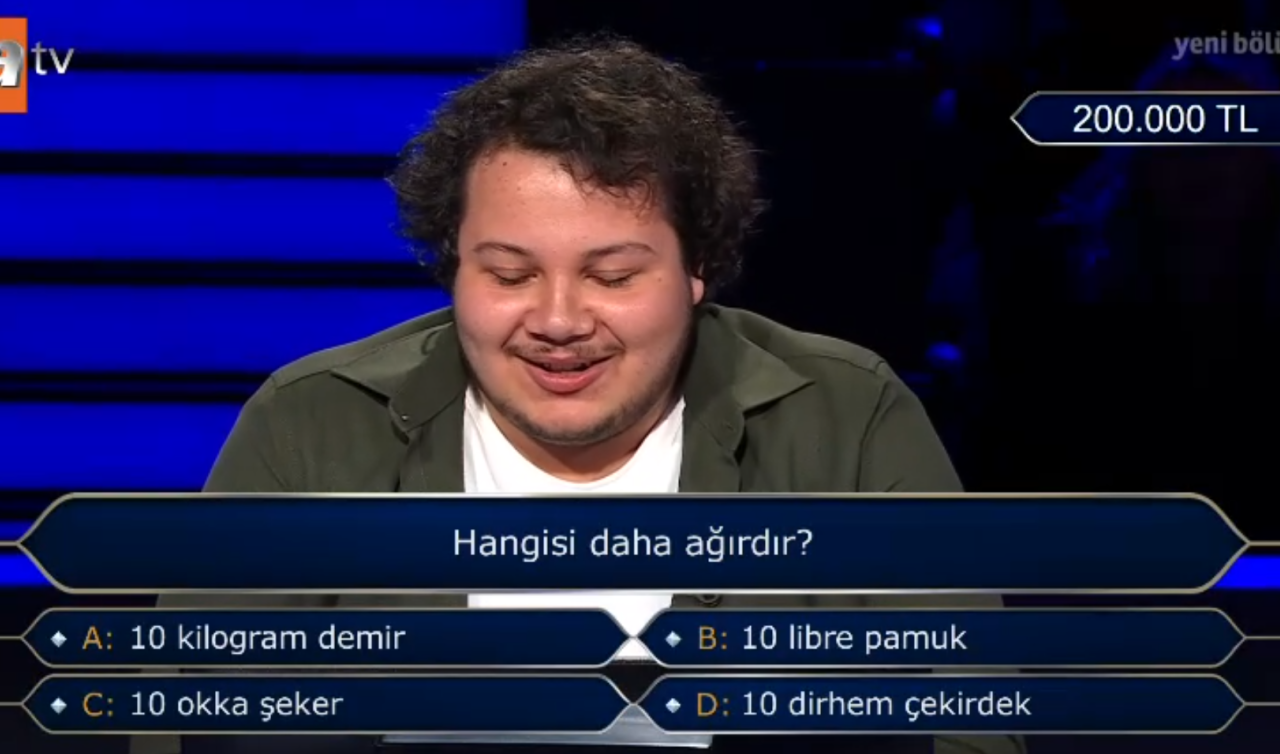 10 Kg Demir, 10 Libre Pamuk, 10 Okka Şeker, 10 Dirhem Çekirdek Hangisi Daha Ağır? Kim Milyoner Olmak İster 7 Aralık 2025 sorusu