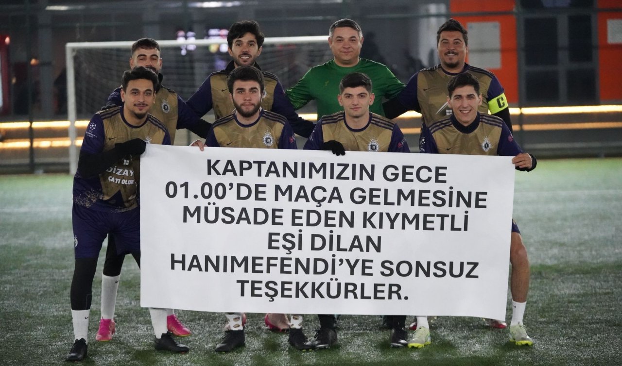 Eşine halı saha izni veren kadına pankartlı teşekkür