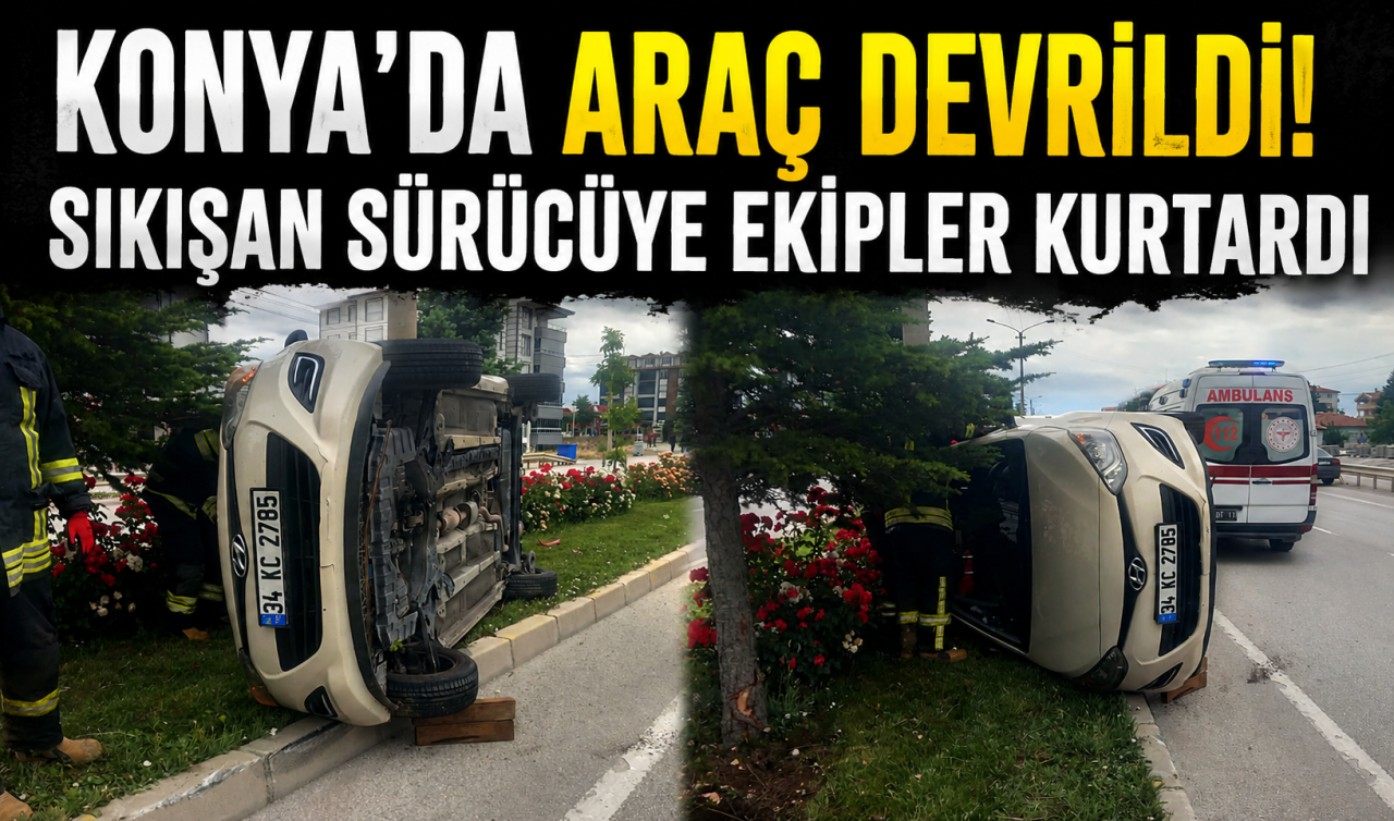 Konya’da araç devrildi! Sıkışan sürücüye ekipler kurtardı 
