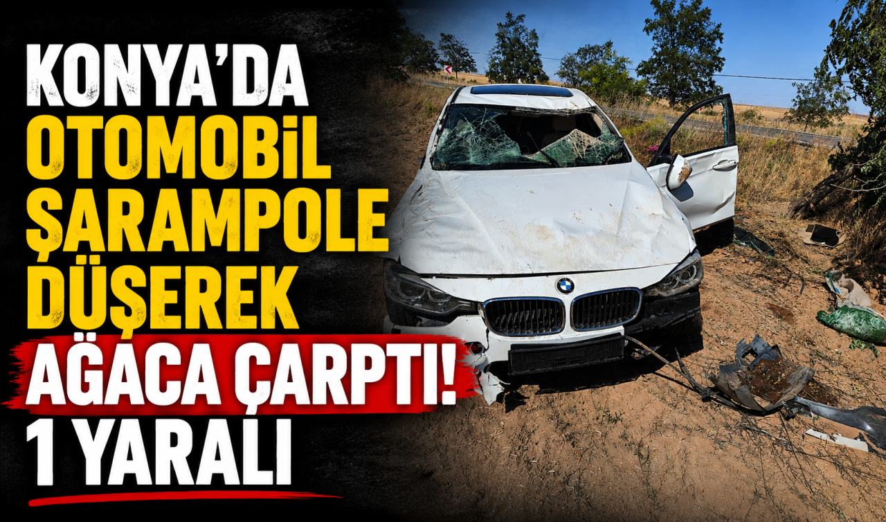 Konya’da otomobil şarampole düşerek ağaca çarptı! 1 yaralı