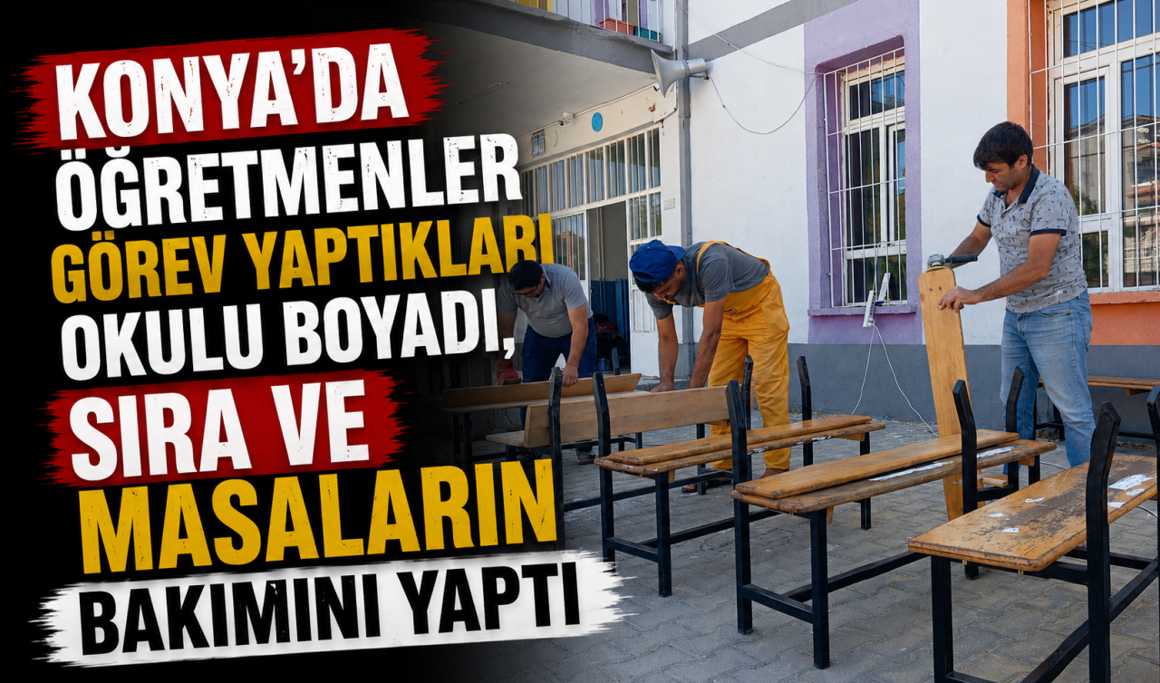 Konya’da öğretmenler görev yaptıkları okulu boyadı, sıra ve masaların bakımını yaptı